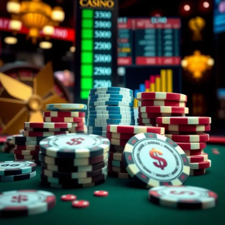 Collection of casino chips and digital currency symbols representing secure online betting and bankroll management
