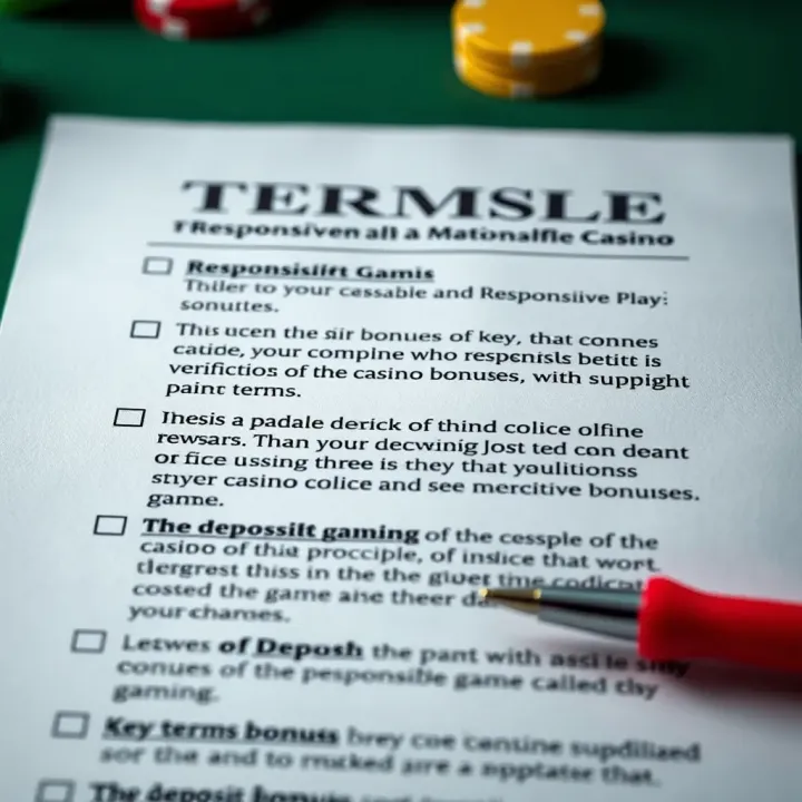 Illustration of a checklist with terms and conditions, emphasizing responsible gaming and verification of online casino bonuses