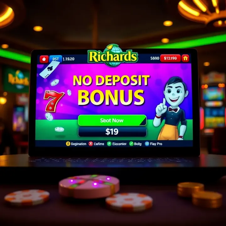 Richards Casino interface showcasing a vibrant no deposit bonus offer