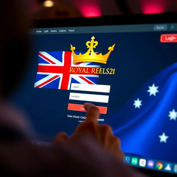 User entering login details on Royal Reels 21 Casino website with Australian flag