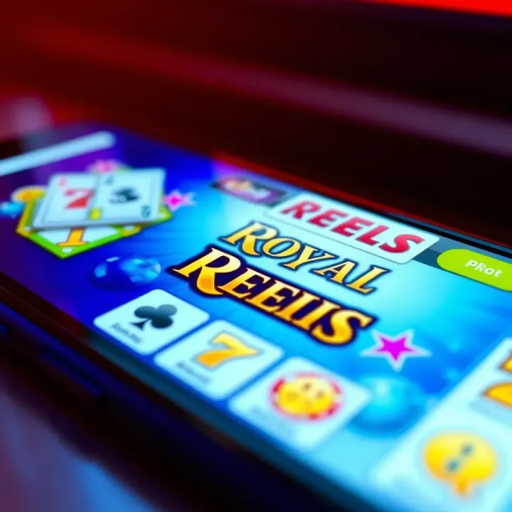 Smartphone showcasing Royal Reels app features including gameplay options and user-friendly design