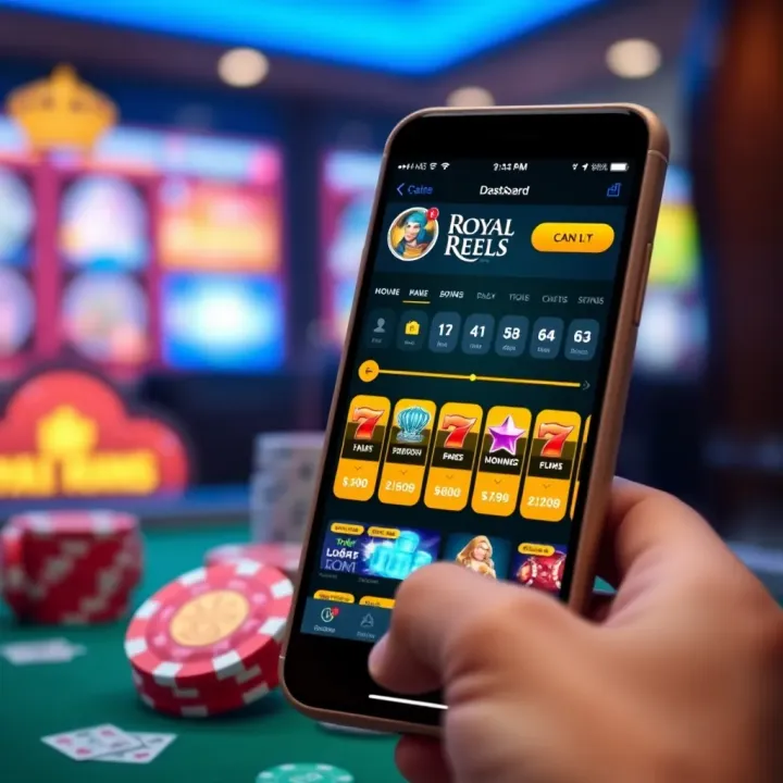 Mobile phone displaying Royal Reels app with user dashboard and navigation options