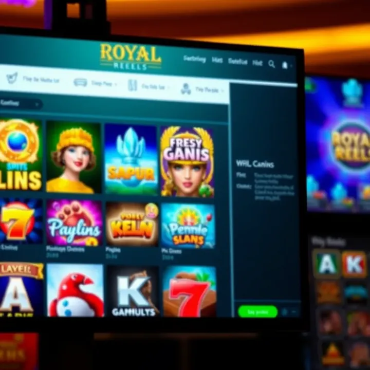 Royal Reels online casino interface showcasing a variety of slot games with vibrant graphics and engaging design