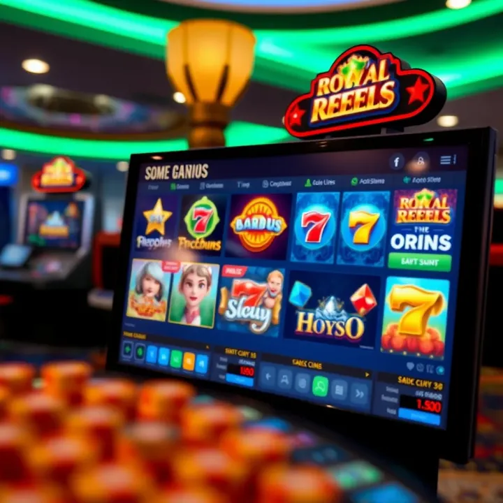 Wide selection of casino slot games displayed on a digital screen