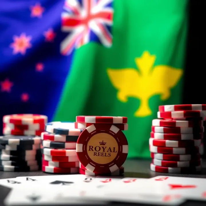 Australian flag overlay with casino chips and playing cards symbolizing online gambling regulations