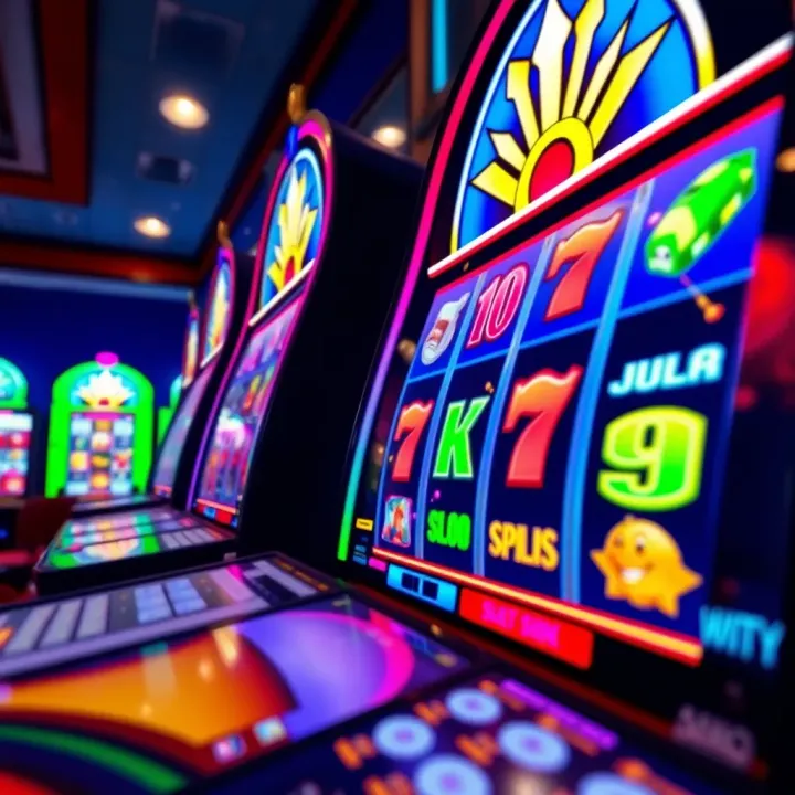 Colorful digital slot machine reels with symbols spinning in a casino game environment