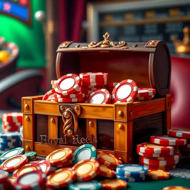 Graphic showing a treasure chest overflowing with casino chips and bonus tokens