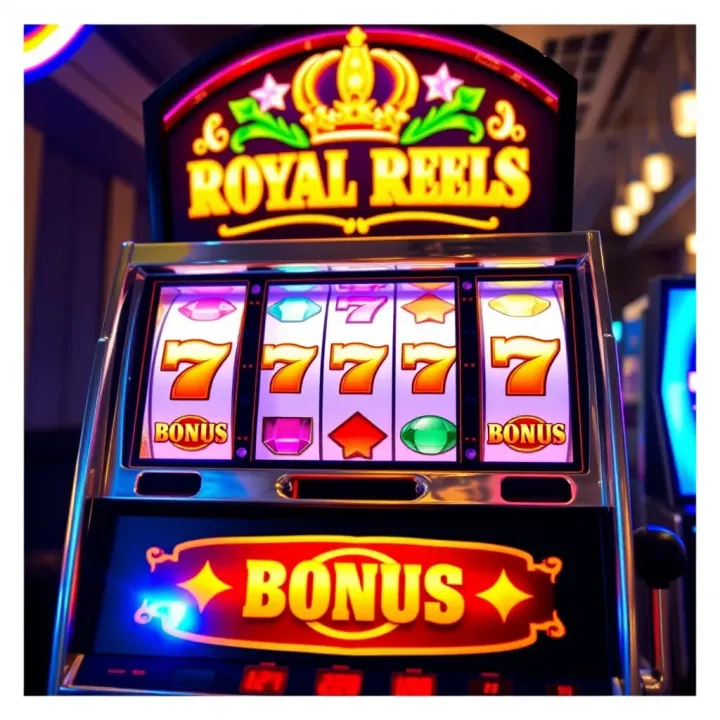 Royal Reels Slot Machine Highlighting Bonus Symbols Colourful Royal Reels slot machine with glowing bonus symbols on reels
