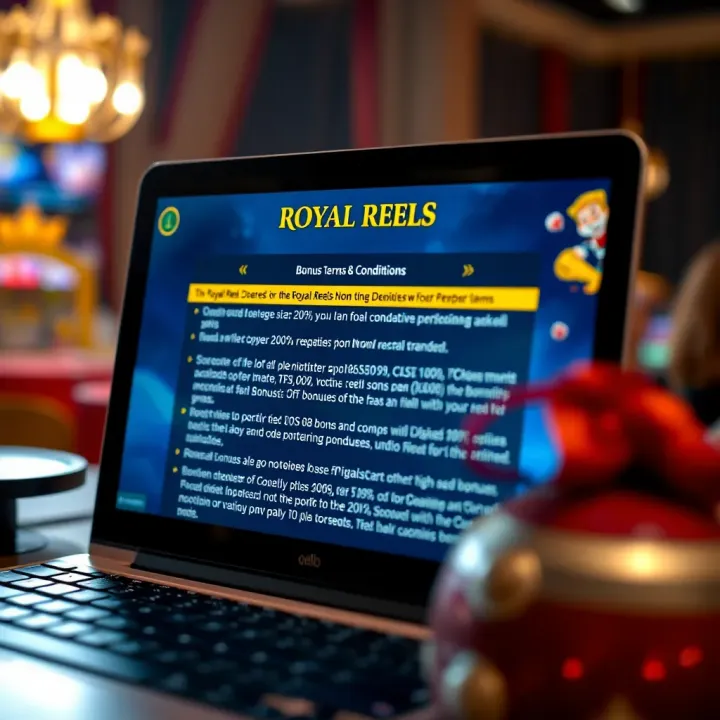 Illustration of online casino screen highlighting bonus terms and conditions for Royal Reels