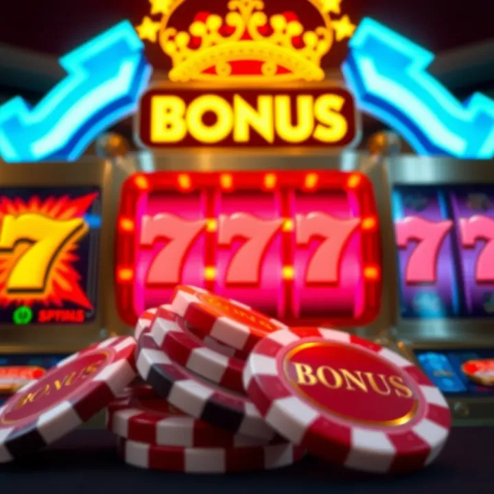 Bright casino chips and glowing slot machine reels symbolizing bonus rewards at Royal Reels Casino