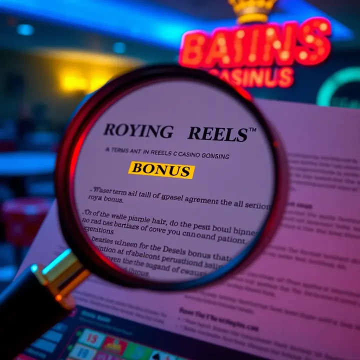 Highlighting Key Terms and Conditions of Royal Reels Casino Bonuses Graphic showing a magnifying glass highlighting important terms and conditions on a casino bonus agreement