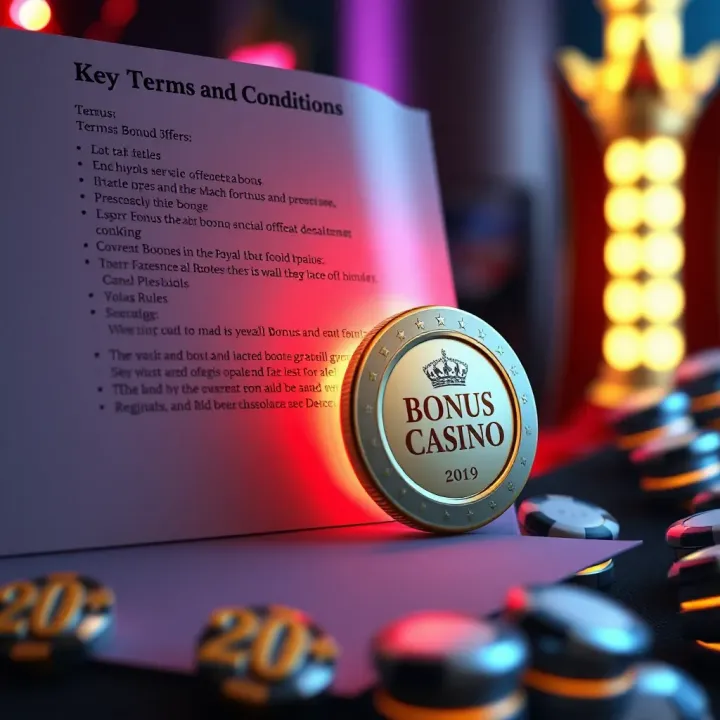 Checklist of terms and conditions alongside a glowing casino token highlighting important bonus rules