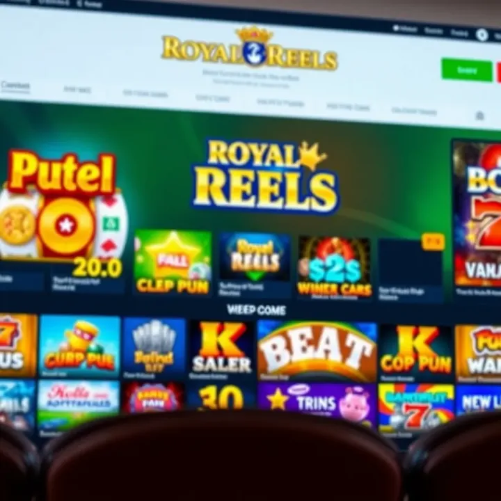 Royal Reels Casino homepage displaying various slot games and promotional banners