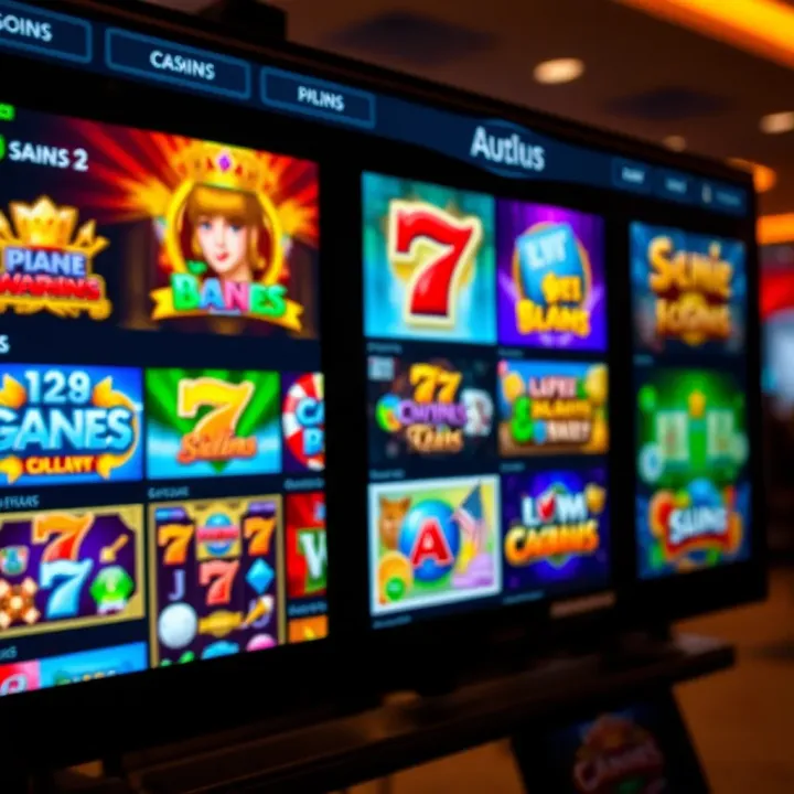 Colorful selection of casino slot games displayed on a digital screen