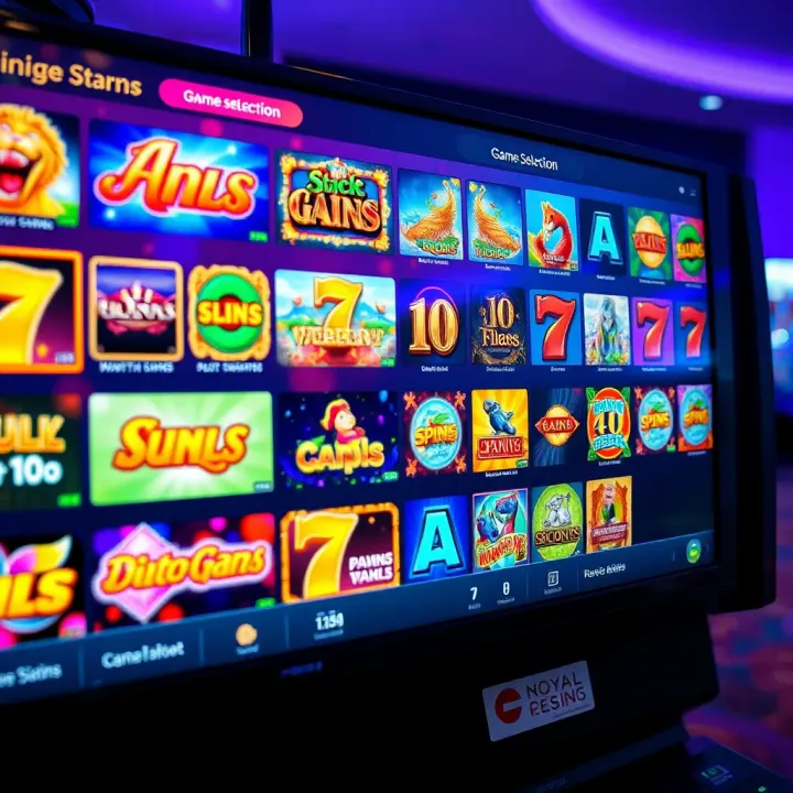 Variety of casino slot games displayed on a digital screen