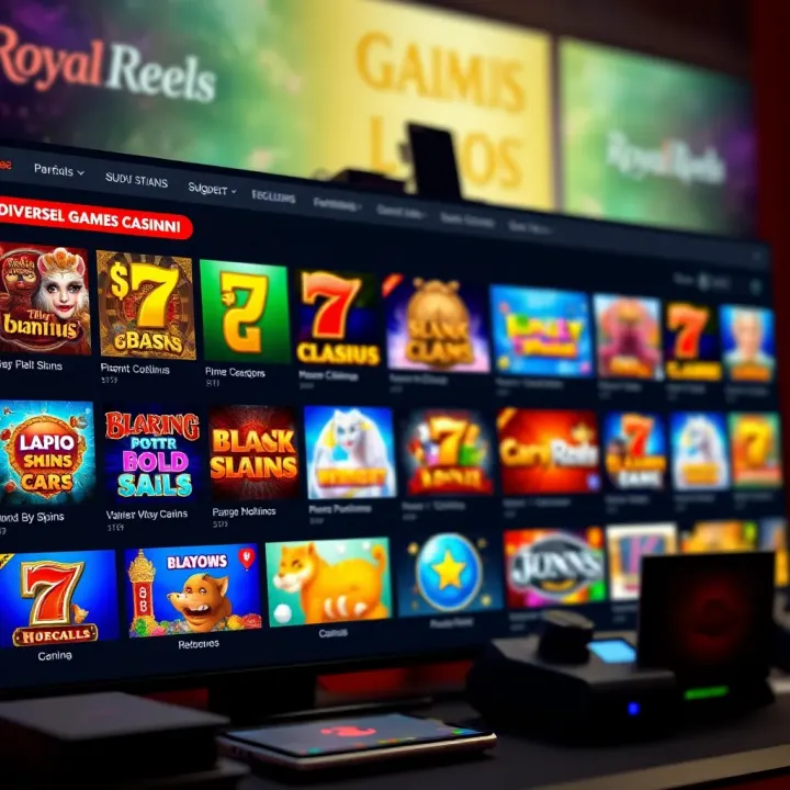 Royal Reels Casino homepage showcasing a variety of slot and table games on screen