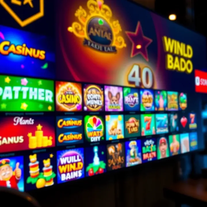Variety of casino game icons displayed on a digital screen with vibrant colors