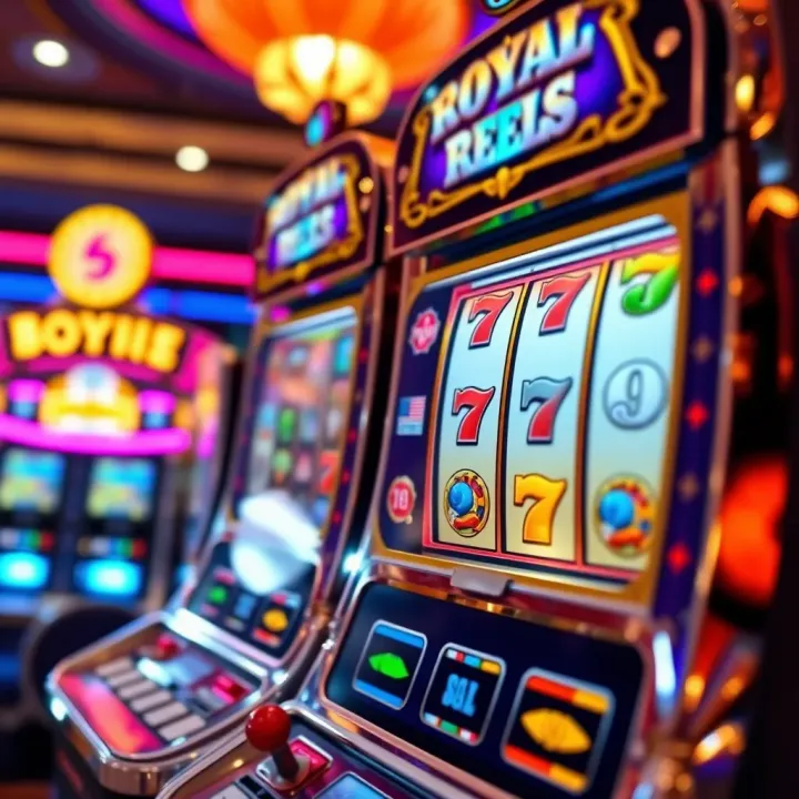Colorful Royal Reels slot machine interface showing reels and symbols on a vibrant casino background