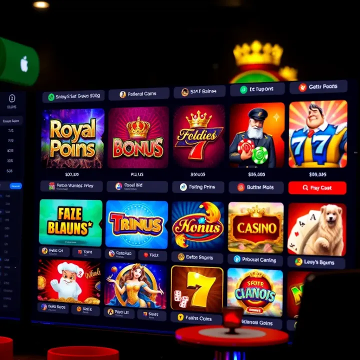 Display of various casino game icons and bonus offers available on Royal Reels platform