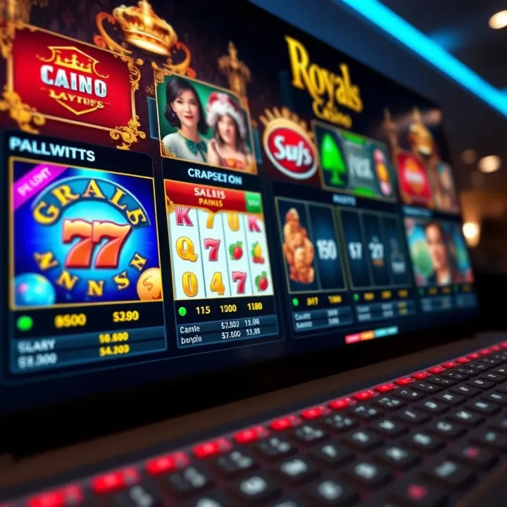 Close-up of a digital casino interface showing various slot games and payout graphs