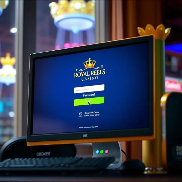 User interface showing login screen of Royal Reels Casino on a desktop with secure password entry
