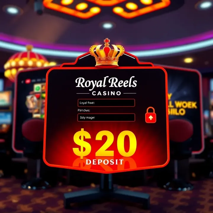 User interface of Royal Reels casino showing login screen with $20 deposit option