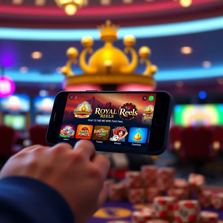 Mobile device displaying Royal Reels Casino with navigation options