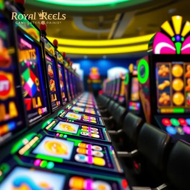 Colorful casino slot machine reels spinning with bright symbols