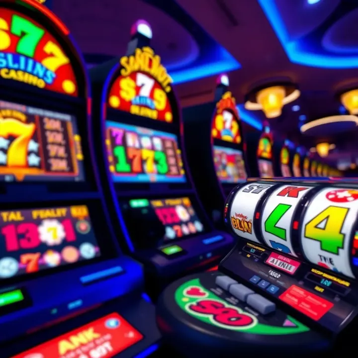 Exciting Slot Machines at Royal Reels Casino Colorful slot machine reels with vibrant symbols and glowing lights