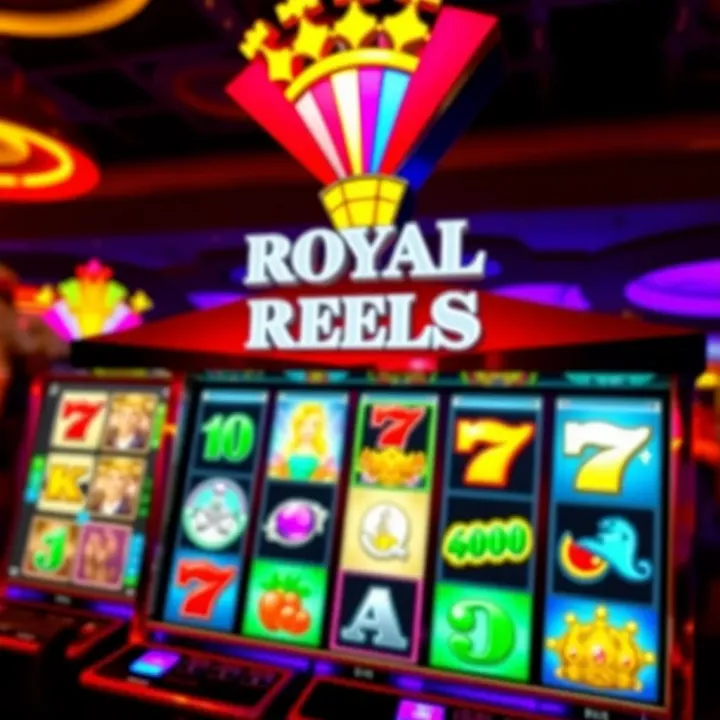 Royal Reels Casino Slot Machine Display Colorful casino slot machine reels showing various symbols with vibrant lighting