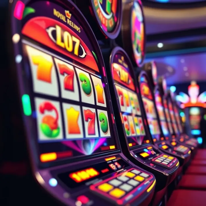 Colorful casino slot machine reels spinning with bright symbols