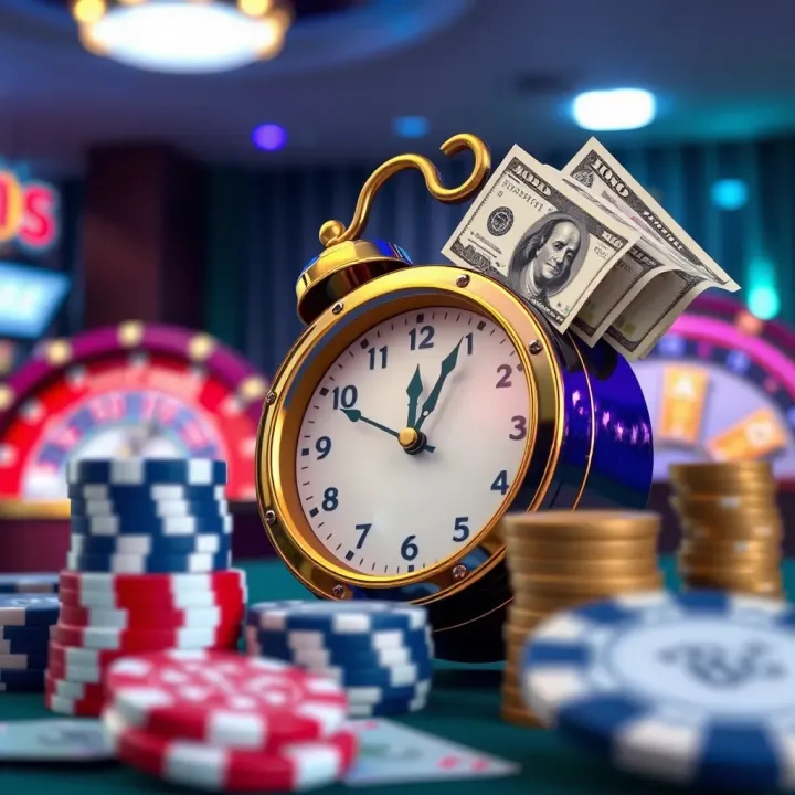 Understanding Withdrawal Timing at Royal Reels Casino Illustration showing a clock with casino chips and dollar bills symbolizing withdrawal timing