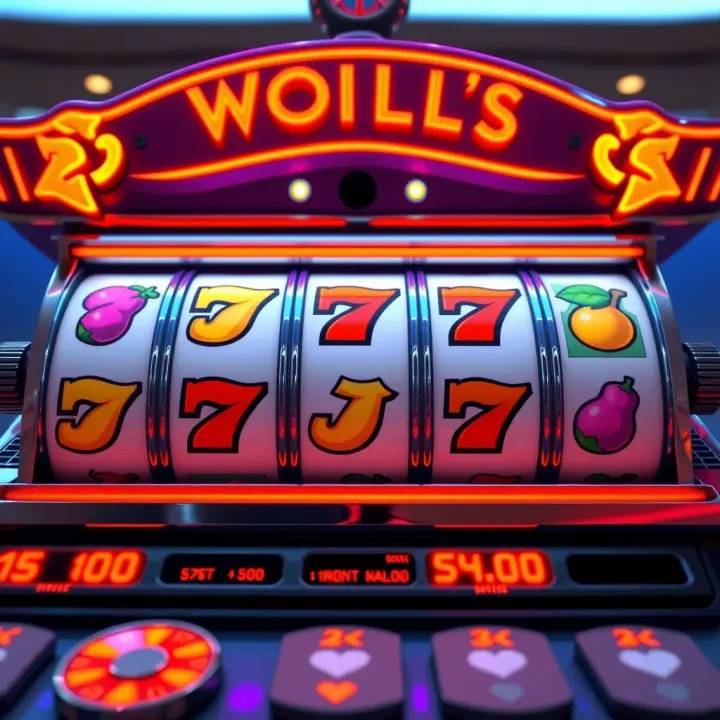 Slot machine reels showing classic fruit symbols with a modern interface and bright neon lighting