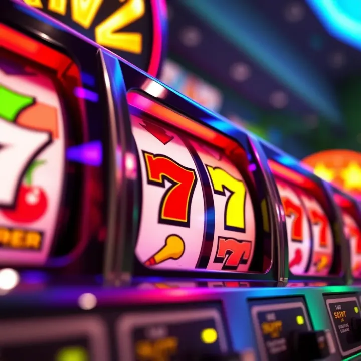Colorful slot machine reels showing classic symbols such as cherries and sevens with a vibrant casino background