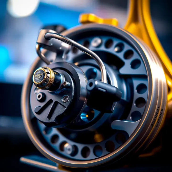 Detailed View of Royal Reels Mechanical Design Close-up of Royal Reels fishing reel showing detailed mechanical components and finish