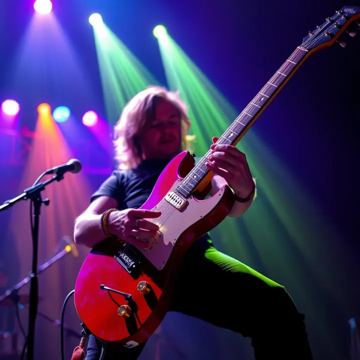 Electric guitar on stage with vibrant blue and purple lighting, capturing the energy of a live performance