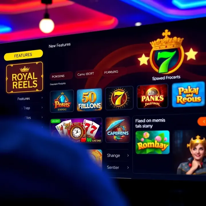 Dashboard view of Royal Reels showing navigation menu and highlighted game features