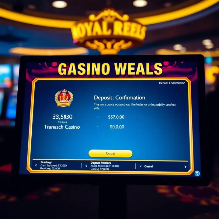 User interface of Royal Reels casino showing deposit confirmation and transaction details