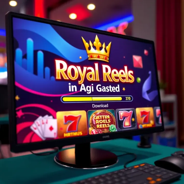 Download progress bar on a computer screen with Royal Reels game graphics