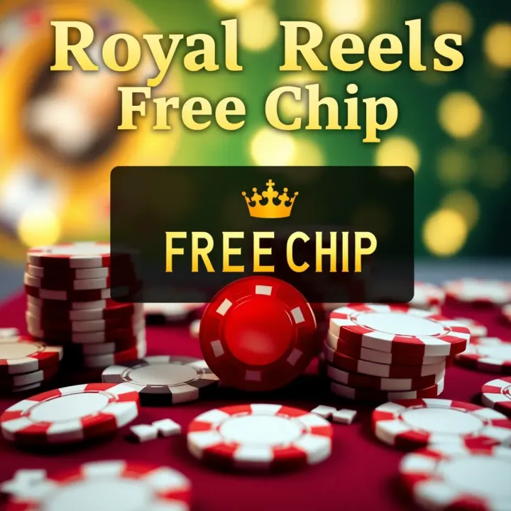 Royal Reels Free Chip Promotion Explained Graphic showing Royal Reels free chip offer with casino chips and slot symbols