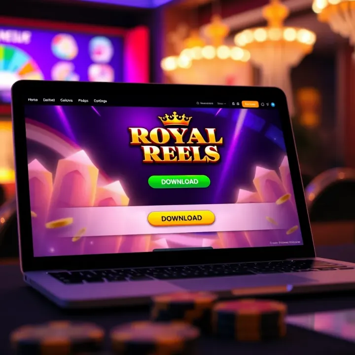 Illustration of a laptop screen displaying the Royal Reels download page with a download button highlighted