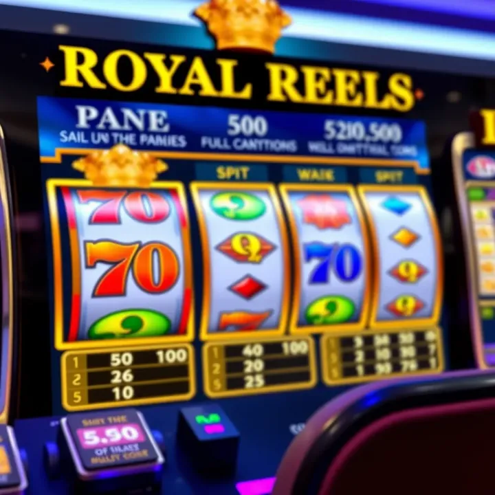 Screenshot of Royal Reels game interface showing colorful spinning reels and payout table