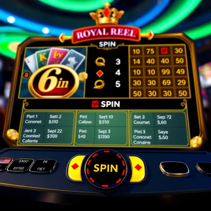 User interface of Royal Reels 21 showing spin button, betting options, and payout details