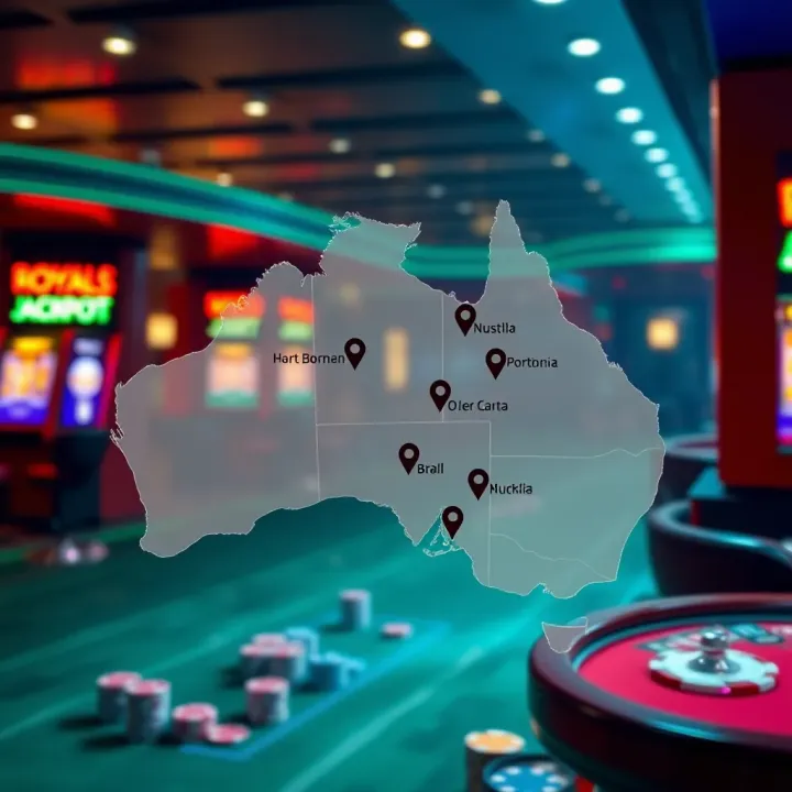 Map of Australia highlighting locations where Royal Reels Jackpot game is available