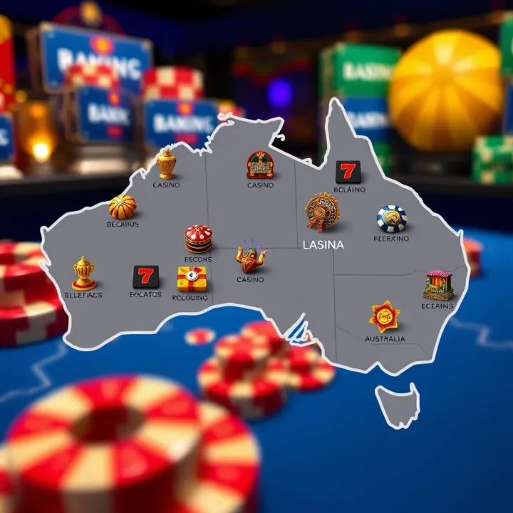 Illustration of Australian map with casino icons highlighting online gambling zones