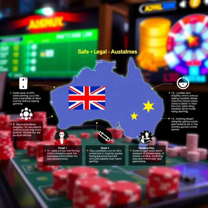 Graphic illustrating safe and legal online gaming practices with Australian map and secure platform icons