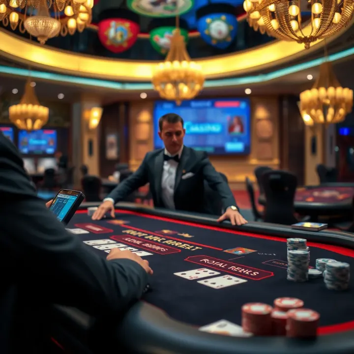 Live casino dealer hosting a poker game with digital interface