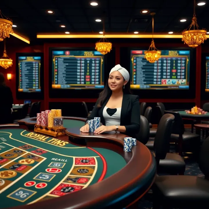 Royal Reels Live Casino Experience Live casino game table with dealer and digital betting options on screen