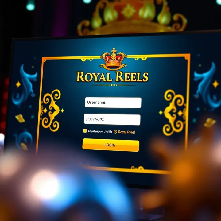 User interface displaying the login screen of Royal Reels platform with fields for username and password