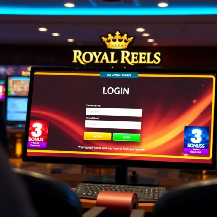 Interface of Royal Reels casino displaying login screen and no deposit bonus notification